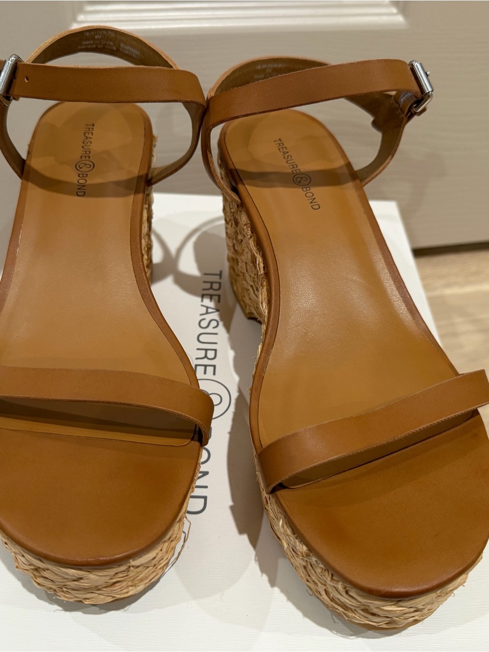Treasure & Bond Cognac Tan Raffia Woven Platform Wedge Sandals - Picture 2 of 8